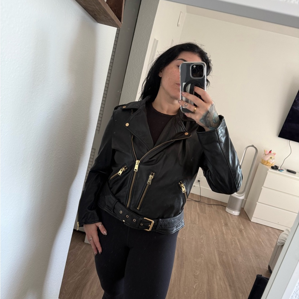 All Saints Black Leather Biker Jacket with Gold Accents - Picture 6 of 8